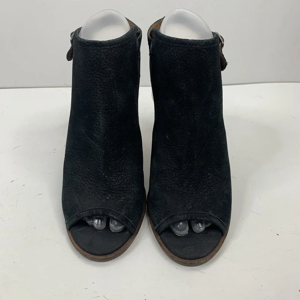 Lucky Brand 5.5 Lisza Bootie Peep Toe Slingback Stacked Block Heel Black Leather